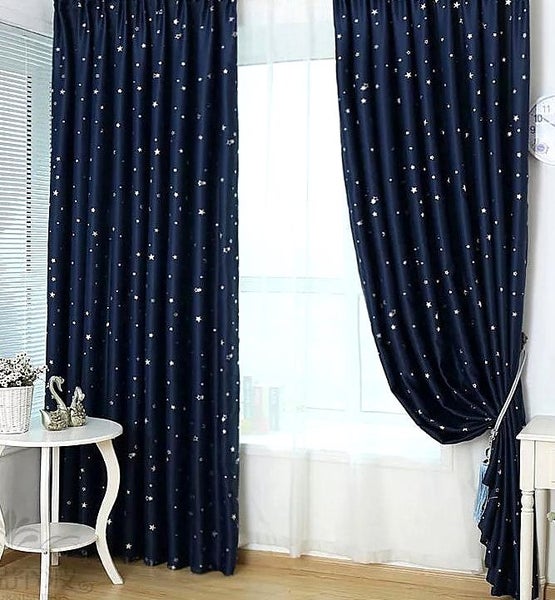 460CM X 205CM Navy Blue Silver Star Triple Weave Kids Curtains Carousel 1