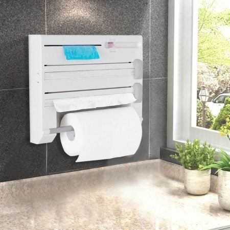 6 In 1 Wall Mounted Kitchen Rack Towel Holder Foil Roll Organizer Film Dispenser Carousel 1