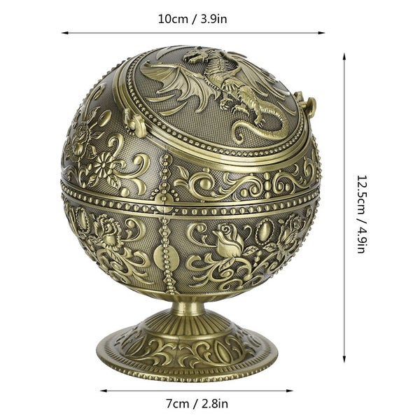 Vintage Ashtray Dragon Pattern Tellurion Shape Zinc Alloy with Lid Windproof Carousel 1