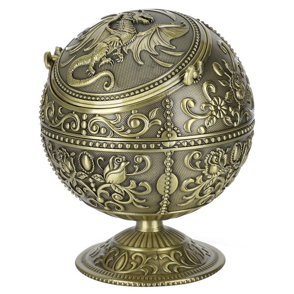Vintage Ashtray Dragon Pattern Tellurion Shape Zinc Alloy with Lid Windproof Carousel 2