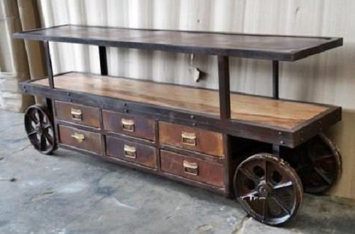 Industrial Rustic Iron & Mango Wood Entertainment Unit on Iron Wheels Carousel 1