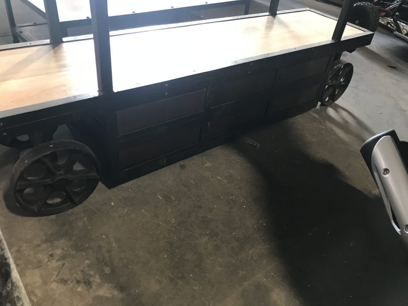 Industrial Rustic Iron & Mango Wood Entertainment Unit on Iron Wheels Carousel 2