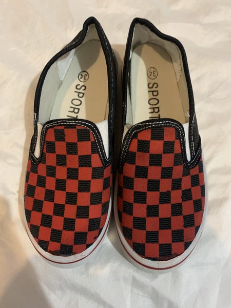 RED AND BLACK CHEQUERED SLIP ON SNEAKERS SIZE 32 Carousel 1