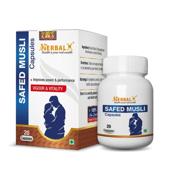 HerbalX Safed Musli Capsule | 100% Natural | 20 Vegan Capsules 500mg Carousel 1