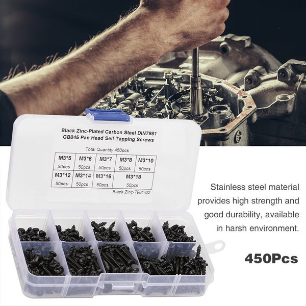 450Pcs Black M3 Cross Pan Head Self Tapping Screws Set Assortment Kit Carousel 3