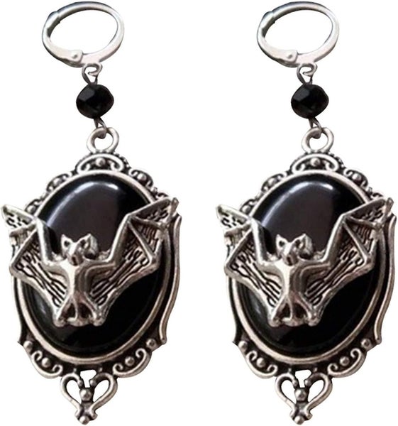 vintage Bat Cameo Oval Dangle Huggie Earrings Women Carousel 1