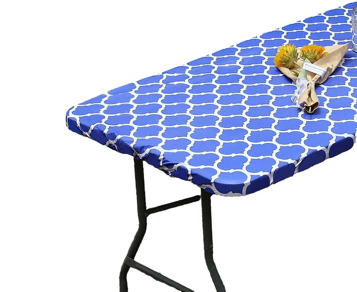 Elastic Fitted Vinyl Tablecloth Rectangular Picnic Table Cover-Blue Carousel 1
