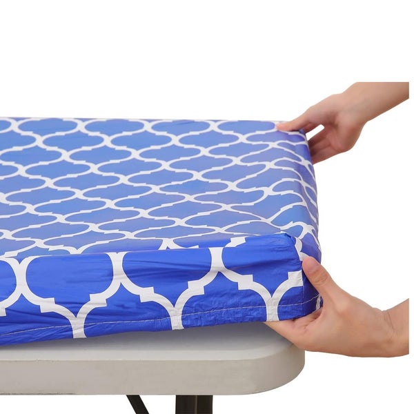 Elastic Fitted Vinyl Tablecloth Rectangular Picnic Table Cover-Blue Carousel 3