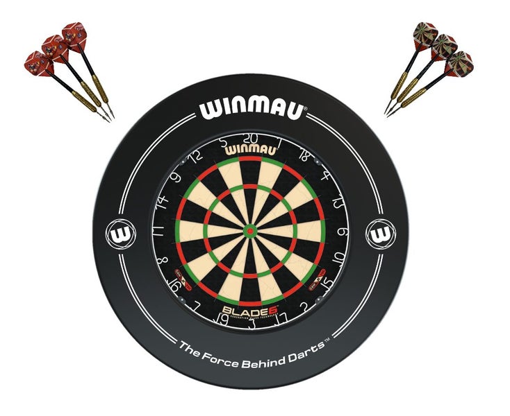 Winmau Blade 6 Dart Board + Black Printed Dartboard Surround + Darts Set Carousel 1