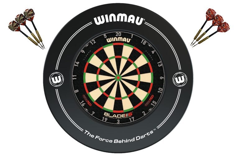 Winmau Blade 6 TRIPLE CORE Dart Board + Black Printed Dartboard Surround + Darts Carousel 1