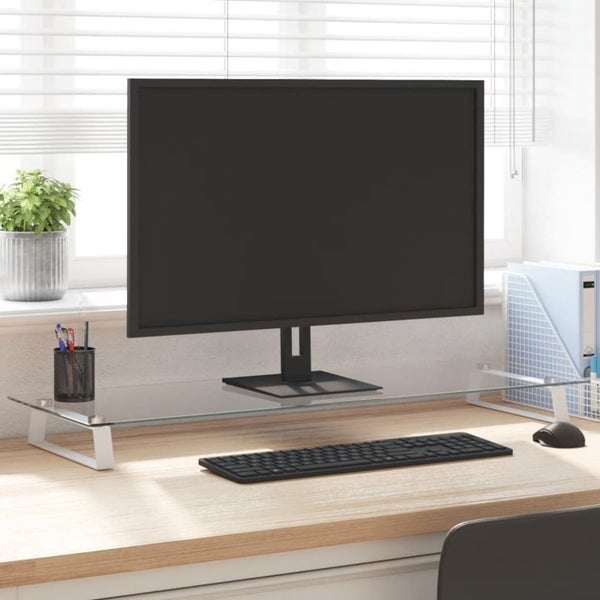 Monitor Stand White 100x35x8 Cm Tempered Glass and Metal Tiaxxx Carousel 1