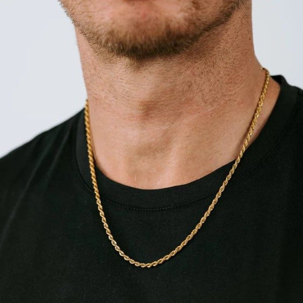 Men's 3MM Titanium Steel Solid Twisted Link Chain Necklace in 18K Gold - SALE! Carousel 2