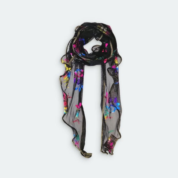Triangle Floral Foil Net Scarf - Black Carousel 1