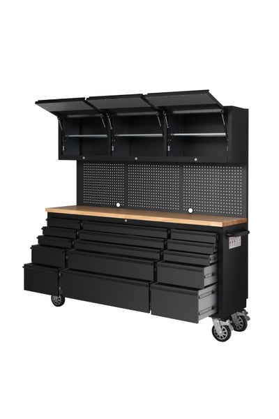 Matt Black 72" Roller Tool Cabinet with Pegboard & 3 Overhead Cabinets