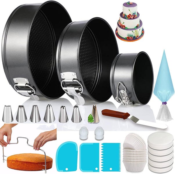 100 PCS Cake Pan Sets for Baking + Cake Decorating Kit: 3 Non-Stick Springform P Carousel 1