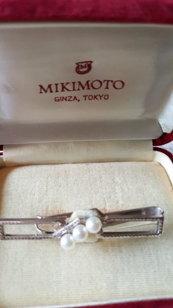 Vintage Mikimoto 3 pearl STERLING SILVER Tie Slide with original box *** Carousel 2
