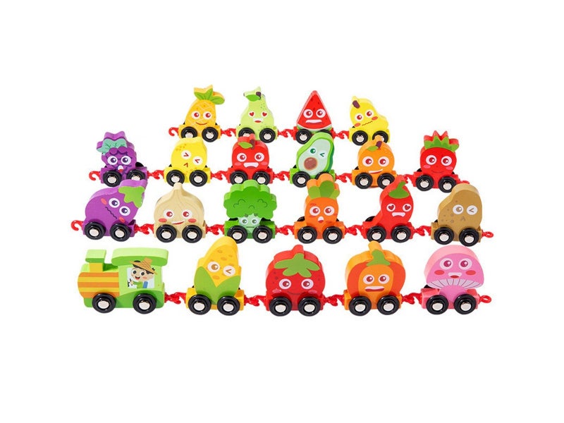 21-Piece Wooden Fruit Vegetable Train Toy Set Toddler Montessori Educational Toy Carousel 1