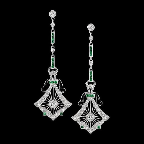 Art Deco Inspired 14k White Gold 1.69ctw Diamond & Emerald Dangle Drop Earrings Carousel 1