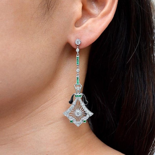Art Deco Inspired 14k White Gold 1.69ctw Diamond & Emerald Dangle Drop Earrings Carousel 2