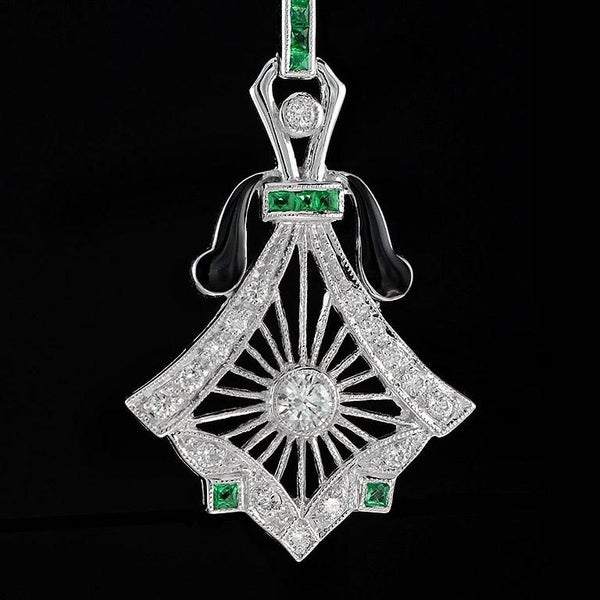 Art Deco Inspired 14k White Gold 1.69ctw Diamond & Emerald Dangle Drop Earrings Carousel 7