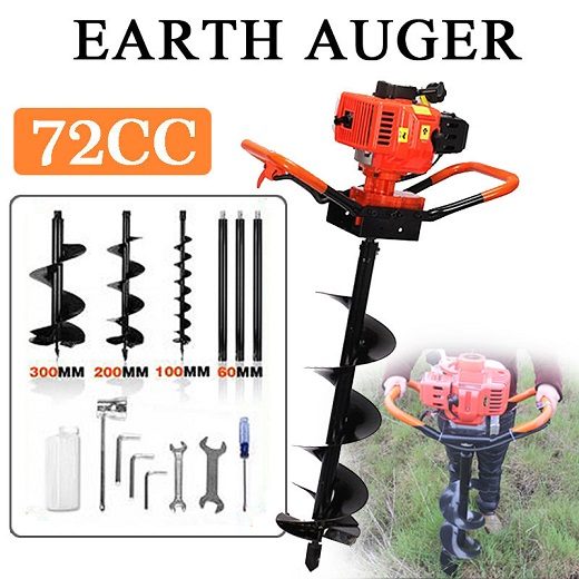 High-Powered Post Hole Borer Earth Auger 72cc Including 100mm 200mm 300mm Auger Carousel 1