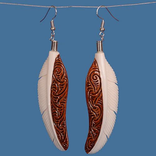 Bone Feather Earrings Brown BE021 Carousel 1
