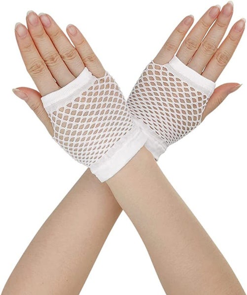 1 Pair Fishnet Gloves Fingerless Wrist Length 70s 80s Costume Party Dance -White Carousel 1