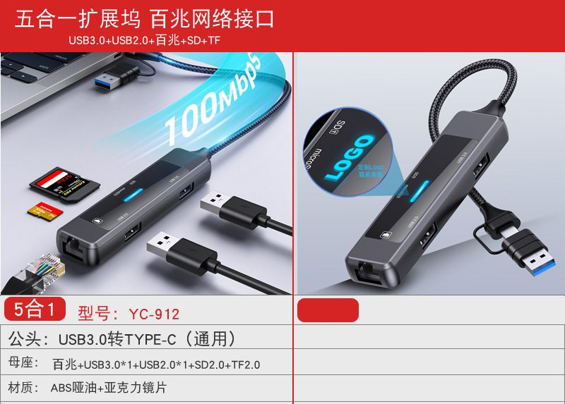 5 in 1 USB-A/C to Ethernet Adapter with usb 3.0 RJ45 sd micro sd card reader Carousel 2
