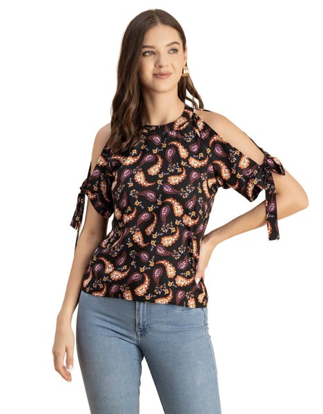 Moomaya Cold Shoulder Band Collar Short Sleeve Printed Top - Women's Trendy Carousel 1