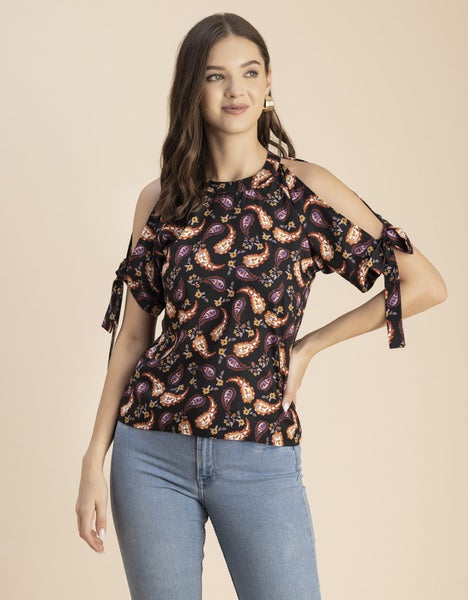 Moomaya Cold Shoulder Band Collar Short Sleeve Printed Top - Women's Trendy Carousel 2