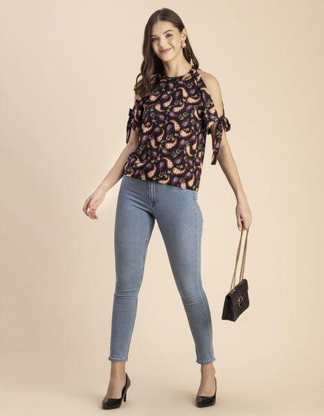 Moomaya Cold Shoulder Band Collar Short Sleeve Printed Top - Women's Trendy Carousel 9