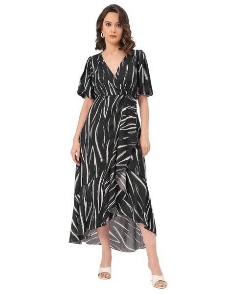 Moomaya V Neck Wrap Printed Georgette Short Sleeve Dress - Women's Wrap Carousel 1