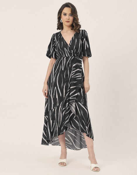 Moomaya V Neck Wrap Printed Georgette Short Sleeve Dress - Women's Wrap Carousel 2
