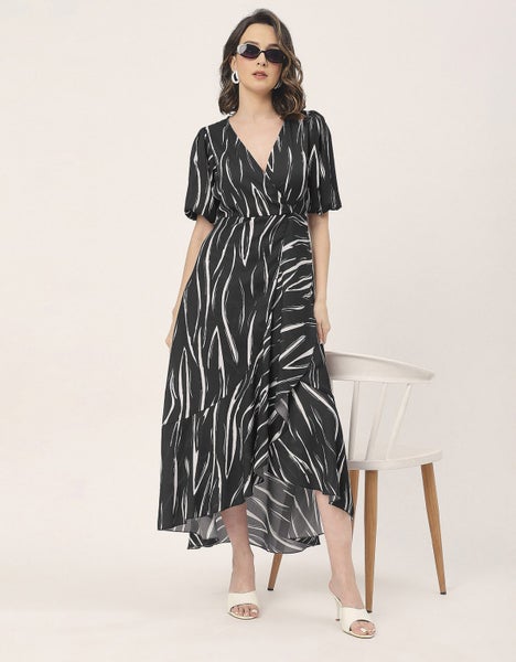 Moomaya V Neck Wrap Printed Georgette Short Sleeve Dress - Women's Wrap Carousel 9