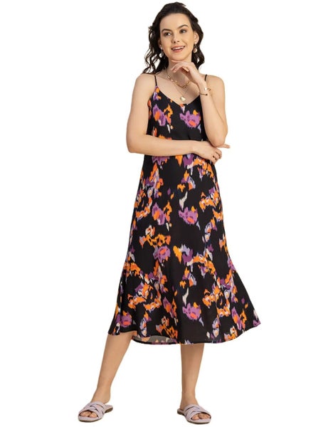 Moomaya Sleeveless V Neck A-Line Printed Rayon Dress - Women's Elegant Carousel 1
