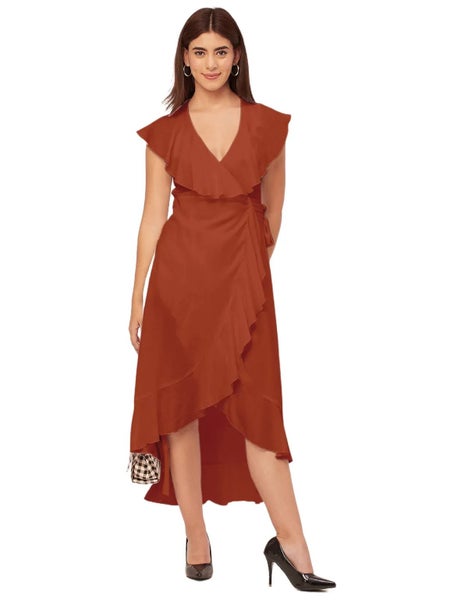 Moomaya Sleeveless V Neck Wrap Solid Rayon Dress - Women's Stylish Wrap Carousel 1