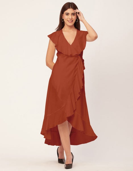Moomaya Sleeveless V Neck Wrap Solid Rayon Dress - Women's Stylish Wrap Carousel 9