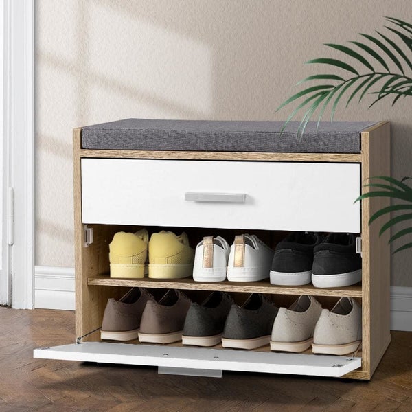 Artiss Shoe Cabinet Bench Shoes Storage Organiser Rack Fabric Seat Wooden Carousel 7