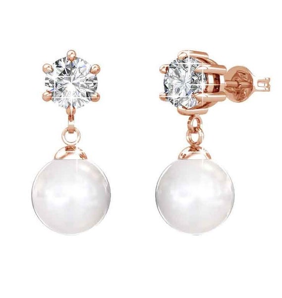 Rose Gold Stud Crystal Pearl Earrings Tanya" Carousel 1