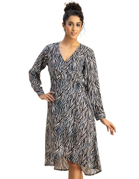 Moomaya Slim Fit Printed Long Sleeve Wrap Dress - V Neck Cocktail Evening Carousel 1