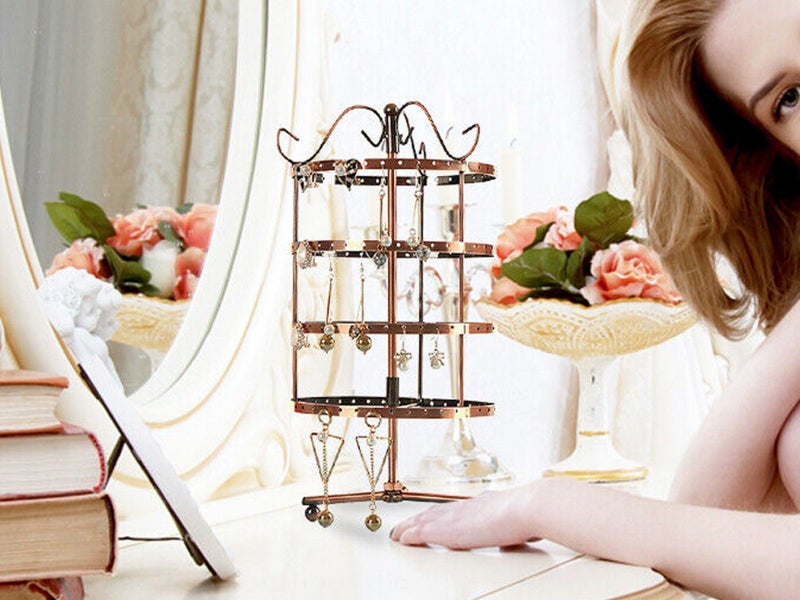 4-Tier Rotating Earring Holder 144 Holes Earring Display Hanging Rack - Brown Carousel 3