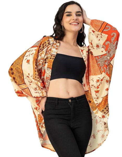 Moomaya Long Sleeves V Neck Boxy Printed Shrug - Women's Boho Printed Carousel 1