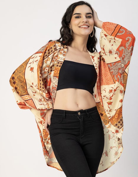 Moomaya Long Sleeves V Neck Boxy Printed Shrug - Women's Boho Printed Carousel 2