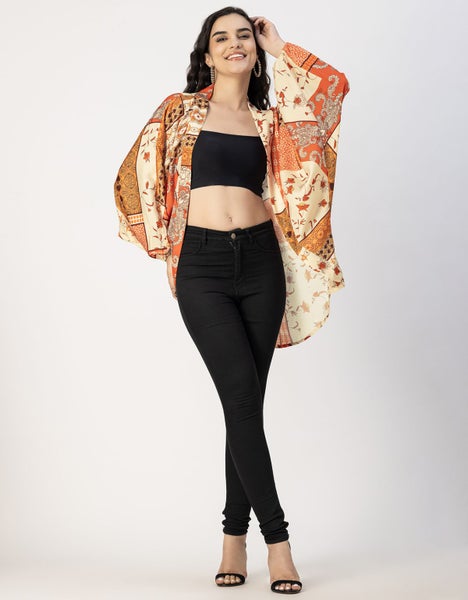 Moomaya Long Sleeves V Neck Boxy Printed Shrug - Women's Boho Printed Carousel 9