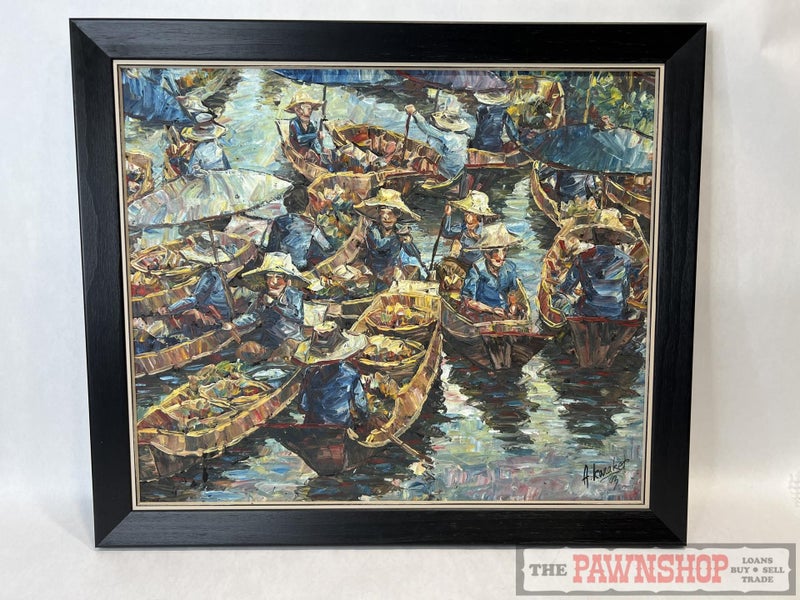 Painting by A Karaket 2003 Bangkok Floating Markets Framed Carousel 1