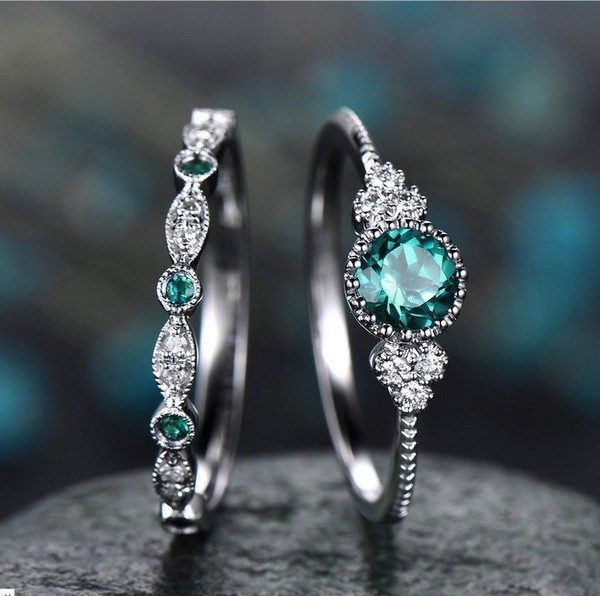Brand New 2Pcs Emerald 925 Silver Rings Diamond Rings Jewellery*Hot SALE Carousel 14