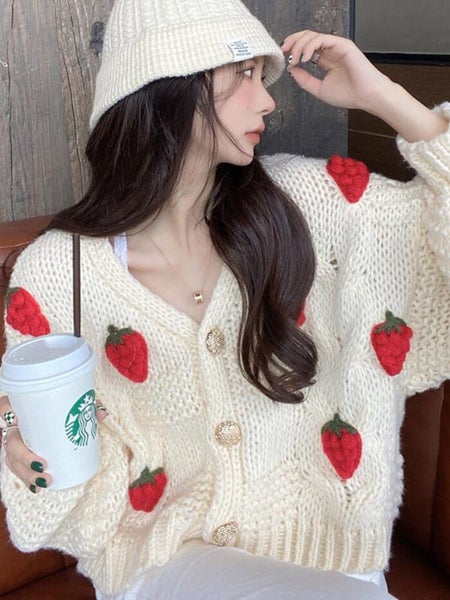 ZOKI Cute Strawberry Women Cardigan Sweater Oversize Winter Loose Carousel 2