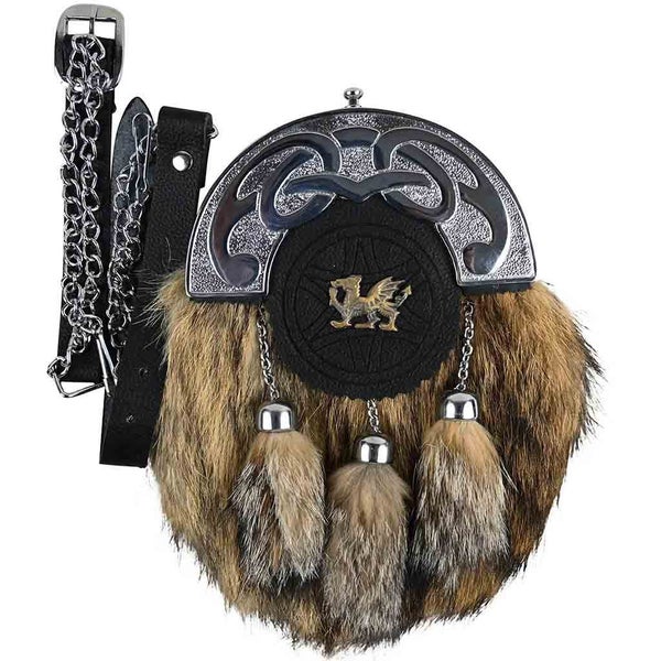 Scottish Kilt Sporran Dragon Chrome Brown Rabbit Fur Sporran Highlander Carousel 1