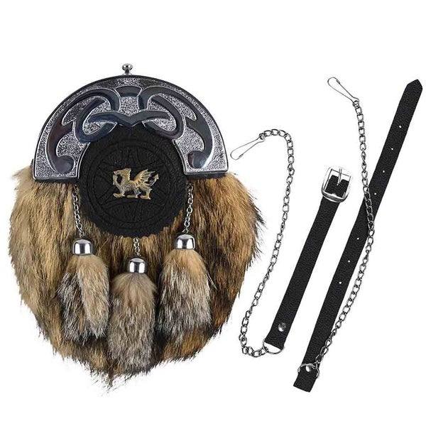 Scottish Kilt Sporran Dragon Chrome Brown Rabbit Fur Sporran Highlander Carousel 2
