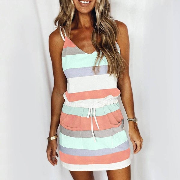 Women V Neck Casual Slip Dress Stripe Contrast Color Tank Top Short Carousel 1